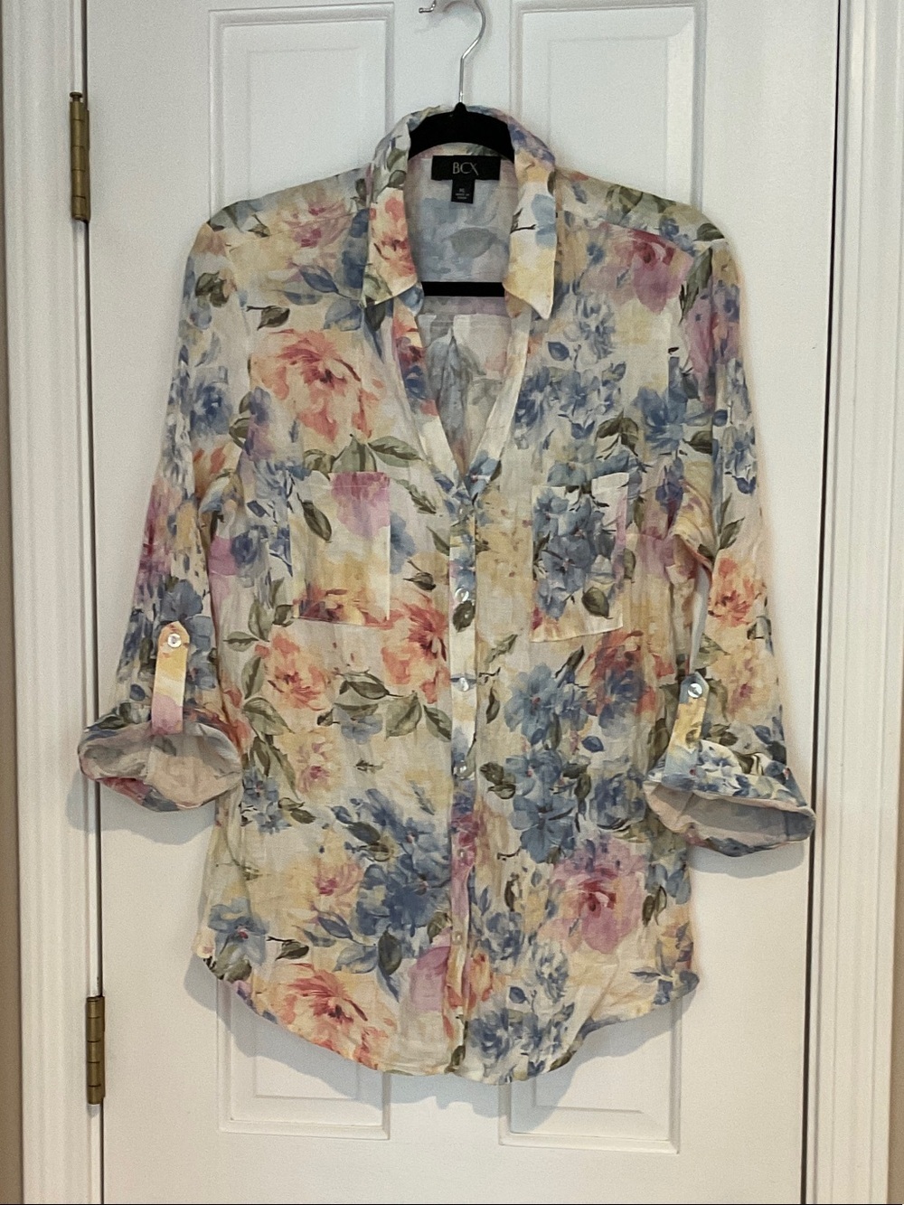 BCX Pastel Floral Button-Down Shirt in Pink, Blue & Cream